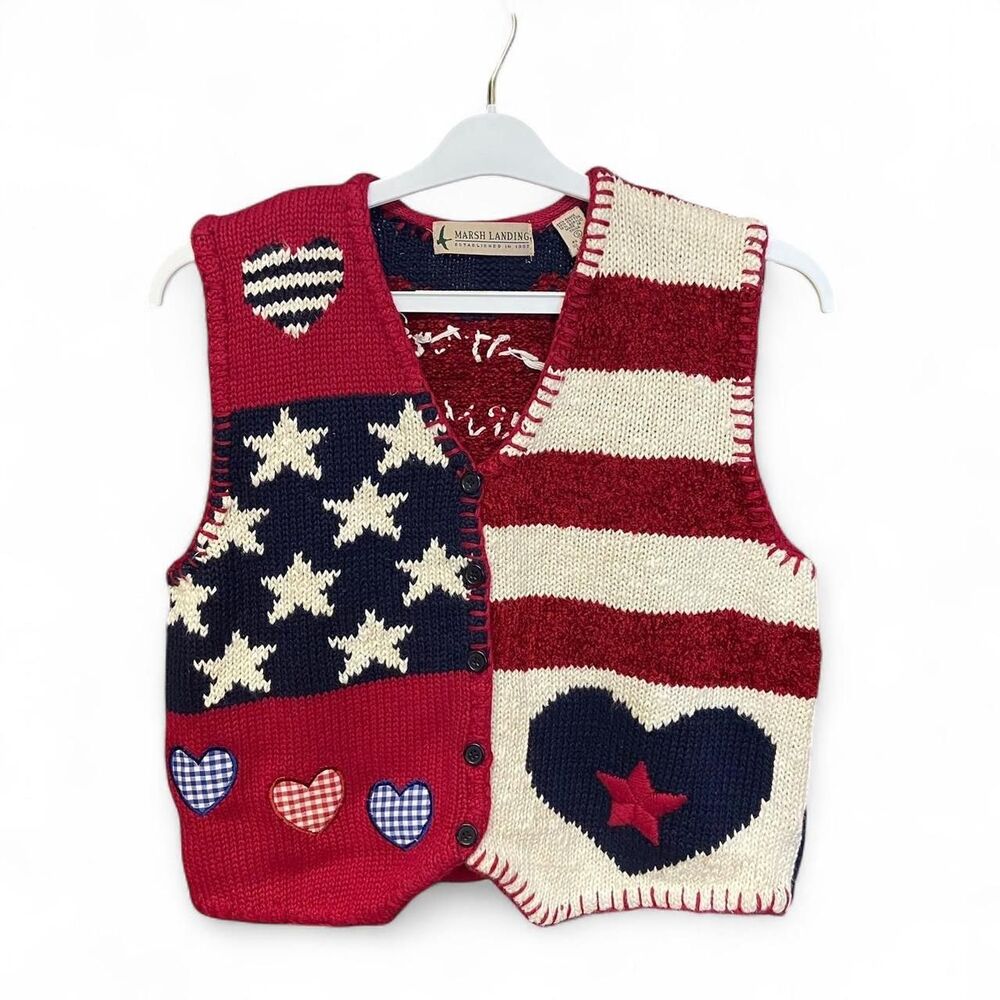 Marsh Landing Heart of America patchwork knit sweater vest size S